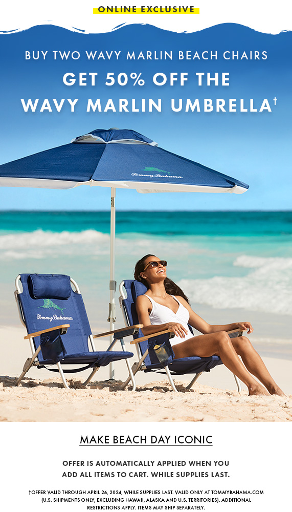 Buy Two Wavy Marlin Beach Chairs, Get a Matching Umbrella 50% Off