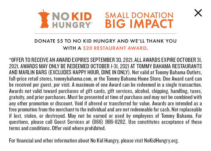 Donate $5 to No Kid Hungry and we'll thank you with a $20 restaurant award.