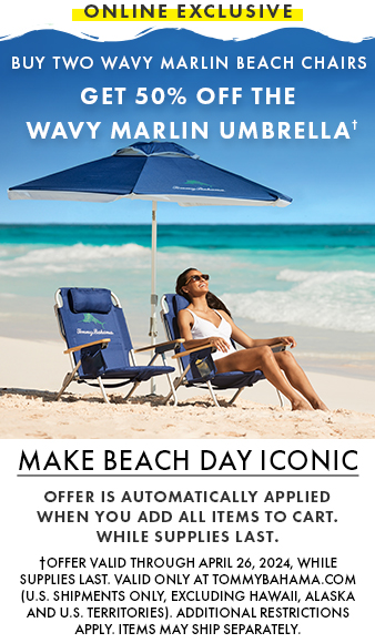 Buy Two Wavy Marlin Beach Chairs, Get a Matching Umbrella 50% Off