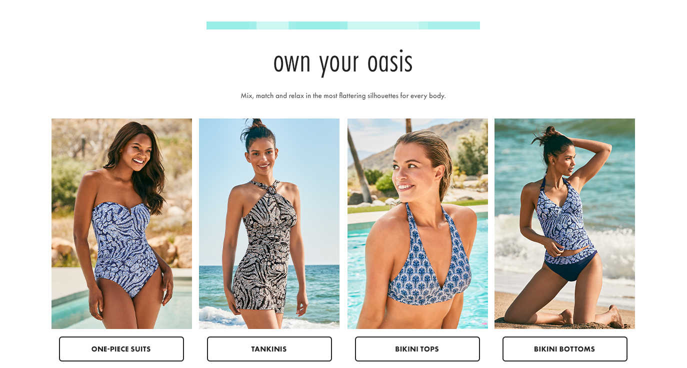 One-Piece Suits, Tankinis, Bikini Tops and Bottoms